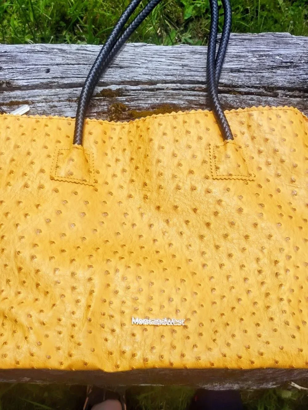 Montana West Fauz Ostrich Tote Bag in Mustard Yellow/ Black straps